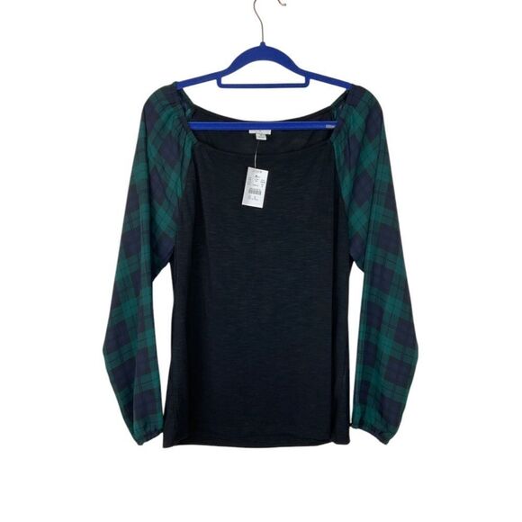 J. Crew Square Neck Top with Blackwatch Plaid Sleeves NWT - Picture 1 of 6